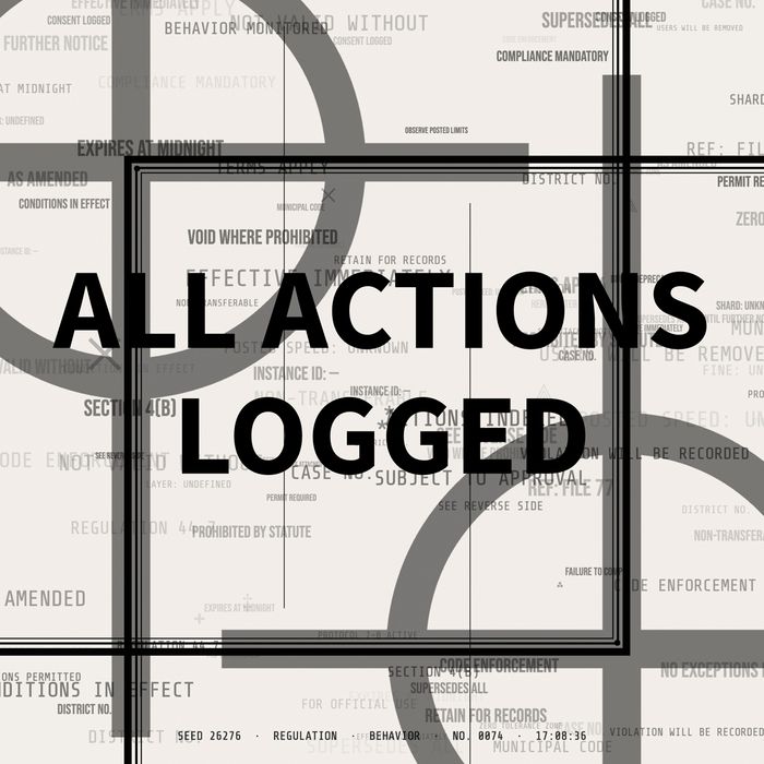 Generative sign in grey, reading ALL ACTIONS LOGGED over a grid of faint technical lines