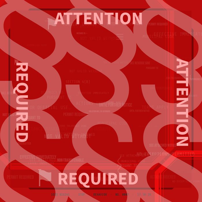 Generative sign in deep red, the words ATTENTION REQUIRED repeating around the edges