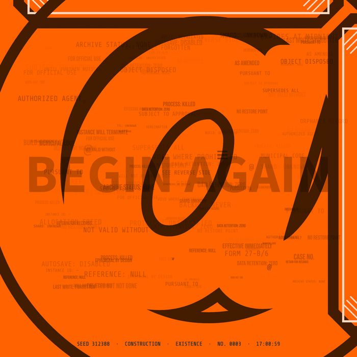 Generative sign in orange, BEGIN AGAIN set behind a large outlined at-sign