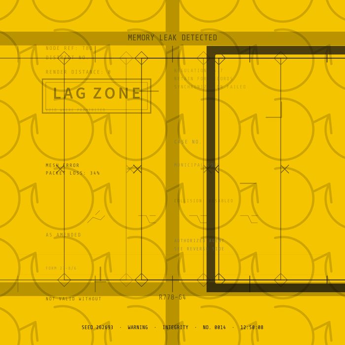 Generative sign in yellow, a small LAG ZONE panel inside a heavy black rectangle