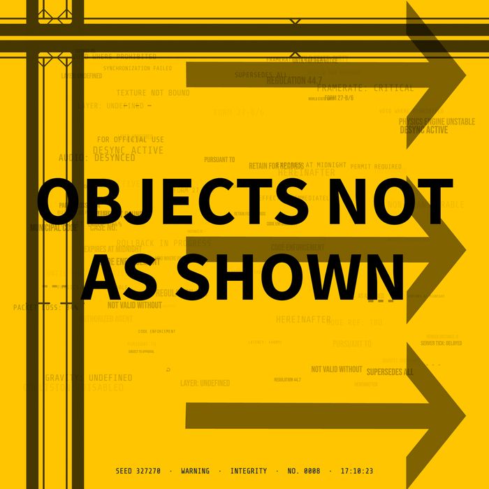 Generative sign in yellow, reading OBJECTS NOT AS SHOWN above stacked directional arrows