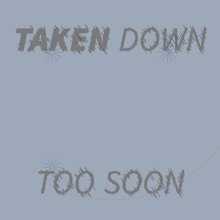 Generative sign in pale blue-grey, TAKEN DOWN TOO SOON set wide across the panel