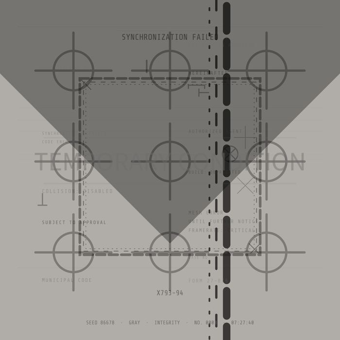 Generative sign in grey, a large downward triangle over faint registration marks
