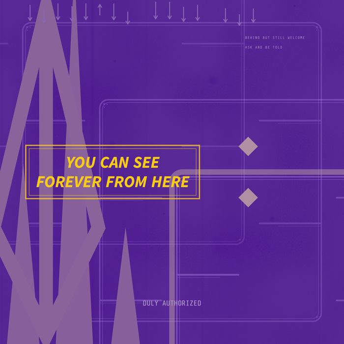 Generative sign in violet, a small framed panel reading YOU CAN SEE FOREVER FROM HERE between tall chevrons