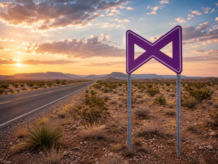Purple bowtie-shaped sign mounted on two posts beside a desert road at sunrise