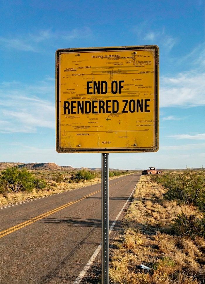 Yellow square sign reading END OF RENDERED ZONE on a single post, centred above a two-lane road running to the horizon