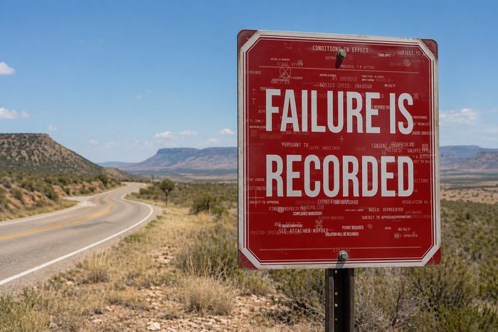 Red octagonal sign covered in fine print, reading FAILURE IS RECORDED, beside a curving desert highway below mesas
