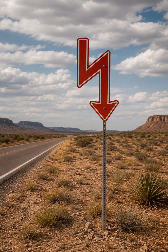 Red lightning-bolt sign on a single post standing in desert scrub, mesas behind