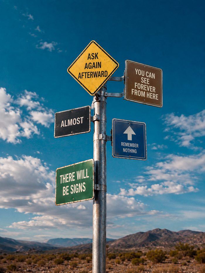 Cluster of small signs crowded on one post against a cloudy sky, reading ASK AGAIN AFTERWARD, ALMOST and THERE WILL BE SIGNS