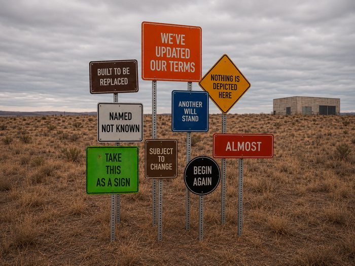 Field of separate signs on individual posts in flat scrub under an overcast sky, reading WE'VE UPDATED OUR TERMS, NAMED NOT KNOWN and ALMOST among others