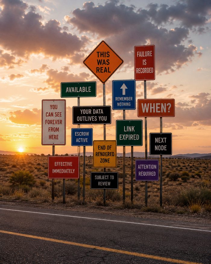 Dense field of coloured signs standing together beside a desert road at sunset