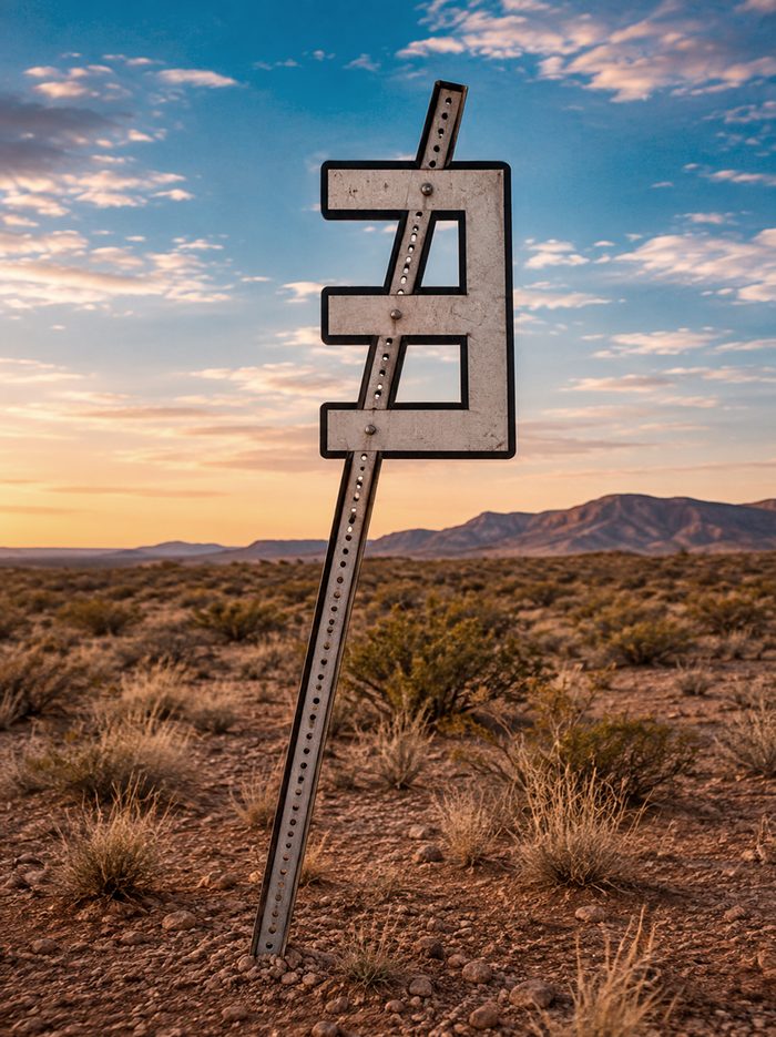 Grey sign carrying a constructed not-exists glyph, leaning on its post at dusk