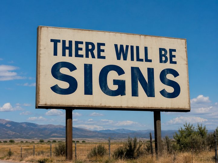 Weathered roadside billboard on timber posts reading THERE WILL BE SIGNS in navy capitals, above open scrub with mountains behind