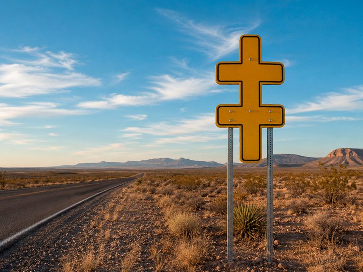 Yellow sign in the form of a double dagger, mounted on two posts beside a desert highway in low evening sun