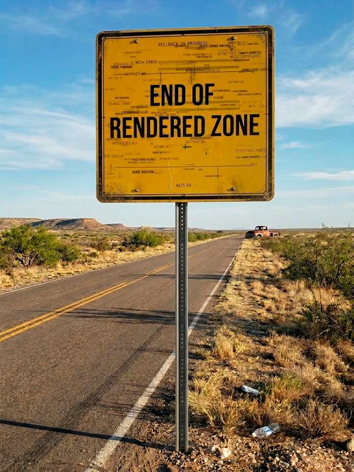 Yellow square sign reading END OF RENDERED ZONE on a single post, centred above a two-lane road running to the horizon
