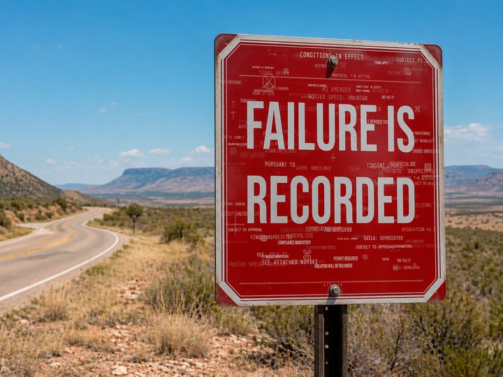 Red octagonal sign covered in fine print, reading FAILURE IS RECORDED, standing beside a curving desert highway below mesas