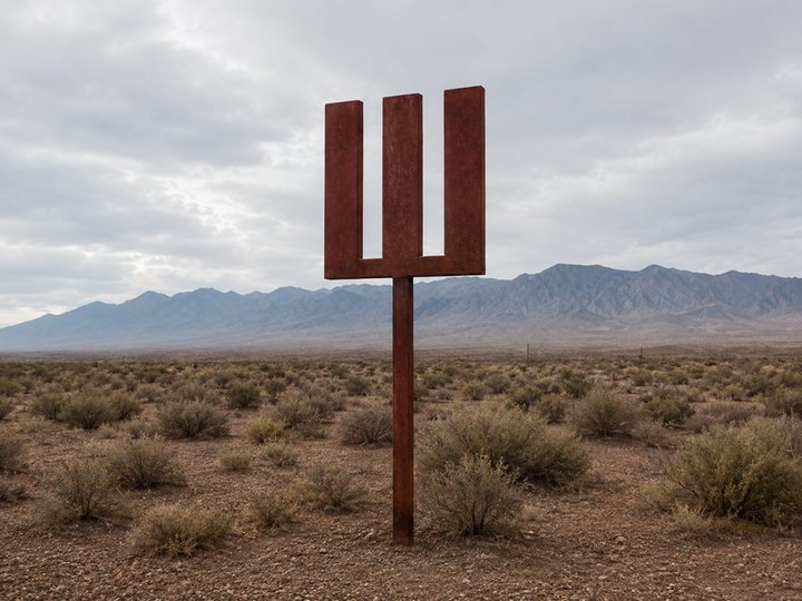 Rust-red steel sign in the form of three vertical bars on a crossbar, standing in scrub before a mountain range under overcast sky