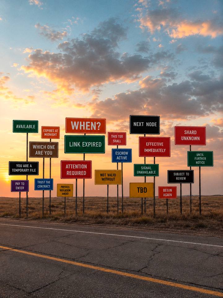 Dense field of small coloured signs of many shapes planted along a roadside at sunset, reading WHEN?, LINK EXPIRED, ATTENTION REQUIRED and TBD among others