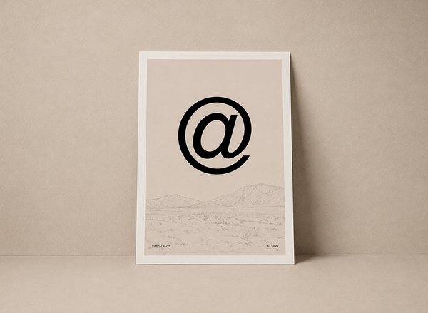 Art print of an at-sign glyph above a drawn desert horizon, leaning against a plaster wall