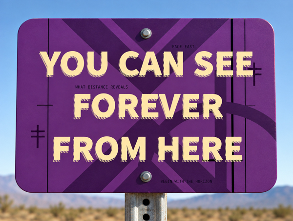 Purple road sign reading YOU CAN SEE FOREVER FROM HERE on a perforated steel post against a blue sky