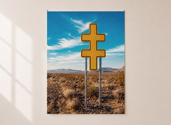Unframed photographic print of a yellow cruciform road sign in high desert scrub, pinned to a plaster wall