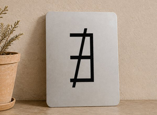 Powder-coated aluminum sign carrying a black constructed glyph, propped against a wall beside a potted plant