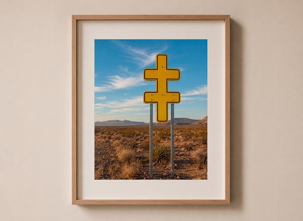 Framed photograph of a yellow cruciform road sign standing in high desert scrub